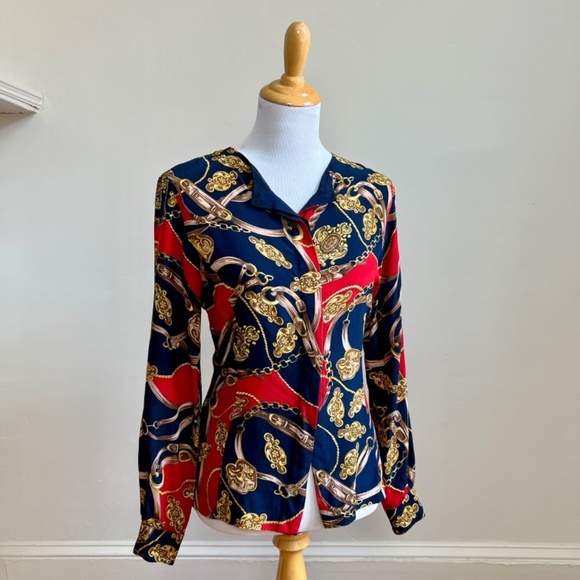 Vintage Stephanie Andrews 100% Silk Equestrian Navy Red Button Down Blouse Shirt - Picture 6 of 16